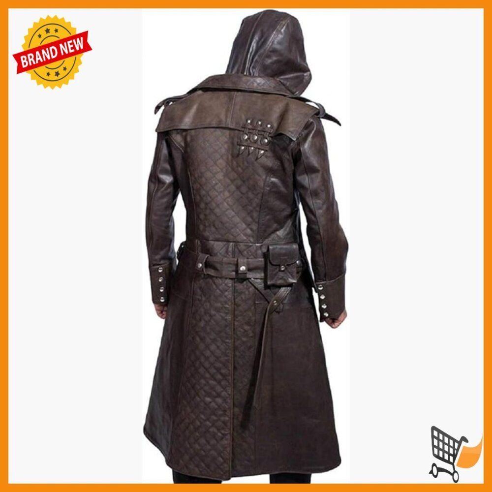 Men's Genuine Leather Trench Coat with Inside Pockets